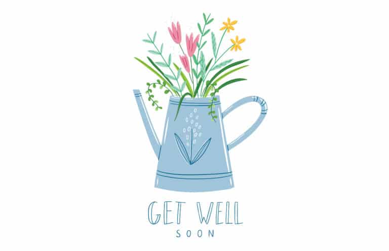 Simple illustration of a light blue water can with pink and yellow flowers on a white background with get well soon in a casual script.
