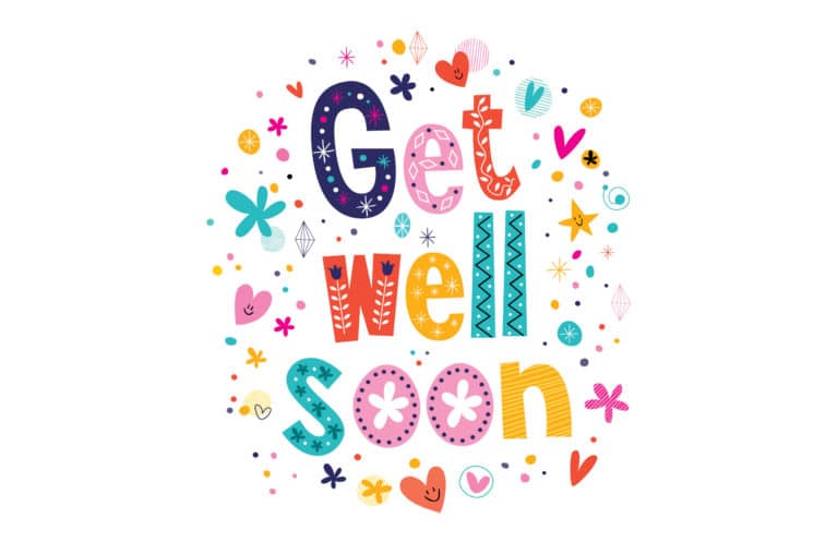 Colorful, fun image of Get Well Soon surrounded by hearts, flowers, starts and polka dots.