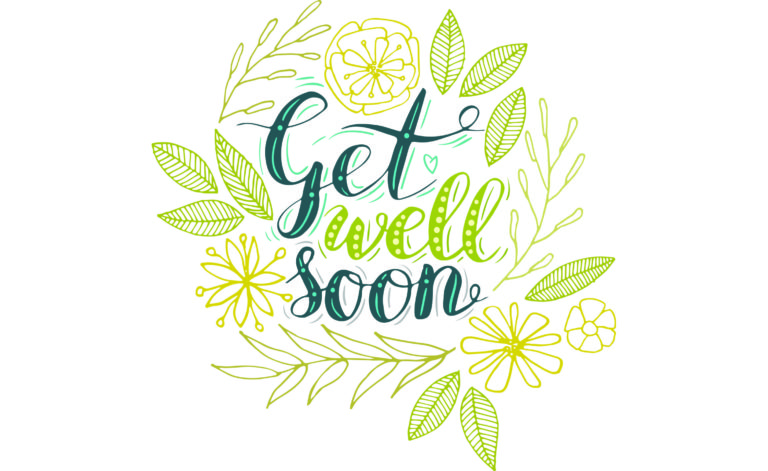 Modern illustration of Get Well Soon in a decorate script in bright greens and yellow, surrounded by flowers and leaves.