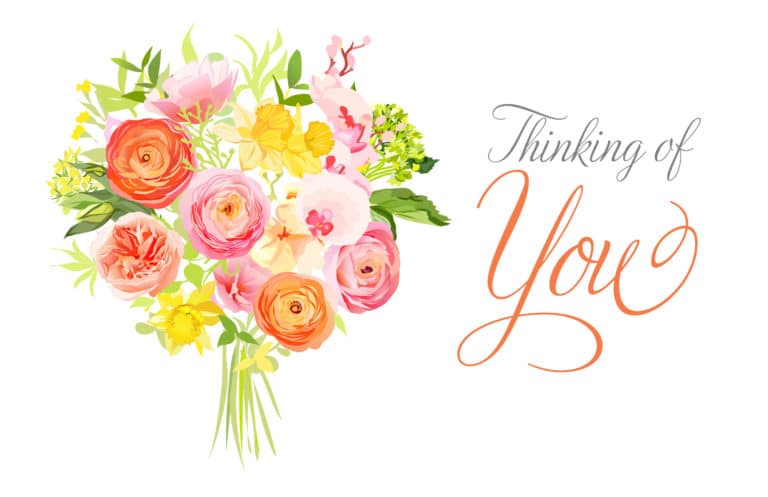 Colorful illustration of a flower bouquet with Thinking of You in formal script beside it.